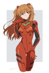 Rule 34 | 1girl, artist name, bodysuit, border, breasts, brown hair, floating hair, grey background, hair between eyes, hama takenaka, highres, interface headset, long hair, looking at viewer, looking to the side, medium breasts, neon genesis evangelion, plugsuit, red bodysuit, shiny clothes, simple background, solo, souryuu asuka langley, twitter username, two side up, white border