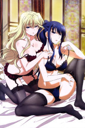 Rule 34 | 10s, 2girls, :o, absurdres, bare shoulders, bed sheet, black legwear, blonde hair, blue bra, blue eyes, blue hair, blue panties, blush, body blush, bow, bow bra, bra, breast press, breasts, cleavage, collarbone, feet, garter belt, garter straps, grisaia (series), grisaia no kajitsu, grisaia no meikyuu, hand on another&#039;s shoulder, hand under clothes, harudera yuria, highres, kneeling, kusakabe asako, lace, lace-trimmed bra, lace-trimmed legwear, lace trim, large breasts, lingerie, lips, long hair, long legs, looking at viewer, mole, mole under eye, multiple girls, no shoes, official art, on bed, panties, parted lips, ponytail, red bra, ribbon, scan, shiny skin, sitting, strap slip, thighhighs, underwear, underwear only, window, yano akane, yuri