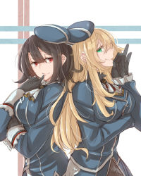 Rule 34 | 10s, 2girls, atago (kancolle), black gloves, black hair, blonde hair, breasts, gloves, green eyes, hat, highres, hollomaru, kantai collection, large breasts, long hair, military, military uniform, multiple girls, pantyhose, red eyes, short hair, simple background, smile, striped, striped background, takao (kancolle), uniform