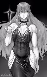 Rule 34 | 1girl, artist name, braid, breasts, character request, closed mouth, collarbone, covered navel, cowboy shot, dress, elden ring, greyscale, hair between eyes, highres, hip vent, lips, long hair, monochrome, one eye closed, queen marika the eternal, robusta mania, solo, spot color, yellow eyes