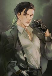 Rule 34 | 1boy, alternate costume, black background, black eyes, black gloves, black hair, black suit, cigarette, dated, dress shirt, formal, gloves, hair slicked back, highres, holding, holding cigarette, jacket, jacket on shoulders, long sleeves, looking to the side, maede yoshinbu, makoto1009, male focus, mars red, mature male, parted lips, partially unbuttoned, prosthesis, prosthetic arm, shirt, short hair, signature, smoking, suit, suspenders, taut clothes, taut shirt, white shirt