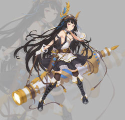 Rule 34 | 1girl, absurdly long hair, absurdres, black footwear, black hair, black thighhighs, boots, breasts, cleavage, closed mouth, full body, gloves, goggles, goggles on head, grey background, highres, hongse beiyu, knee boots, large breasts, long hair, looking at viewer, original, red eyes, simple background, smile, solo, thighhighs, very long hair, white gloves
