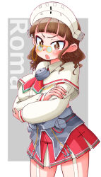 Rule 34 | 1girl, absurdres, blunt bangs, blush, breasts, brown eyes, brown hair, character name, commission, crossed arms, garter straps, glasses, headdress, highres, kantai collection, long sleeves, open mouth, pince-nez, pixiv commission, pleated skirt, red skirt, roma (kancolle), shin (shin k009), short hair, simple background, skirt, solo, two-tone background