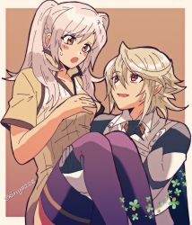 Rule 34 | 1boy, 1girl, blush, cape, carrying, corrin (fire emblem), corrin (male) (fire emblem), corrin (male) (fire emblem), fire emblem, fire emblem awakening, fire emblem fates, fire emblem heroes, gloves, highres, kiriya (552260), long hair, nintendo, open mouth, pointy ears, princess carry, red eyes, robin (female) (fire emblem), robin (fire emblem), short hair, simple background, smile, thighhighs, twintails, white hair