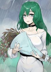 Rule 34 | 1girl, bags under eyes, blush, bouquet, breasts, choker, commentary, dress, english commentary, flower, green eyes, green hair, green nails, highres, holding, holding bouquet, indie virtual youtuber, koopa fortuna, large breasts, long hair, long sleeves, looking at viewer, nail polish, no bra, open mouth, pollenoxide, rain, solo, @ @, virtual youtuber, wavy hair, wet, wet clothes, white dress, withered