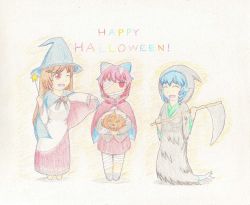 Rule 34 | 3girls, absurdres, black footwear, black shirt, blue hair, bow, brooch, brown hair, cape, cloak, colored pencil (medium), cosplay, covering one eye, curly hair, dress, fang, hair bow, halloween, happy halloween, hat, highres, imaizumi kagerou, japanese clothes, jewelry, kimono, laughing, long hair, looking at viewer, mermaid, monster girl, multiple girls, mummy, mummy (cosplay), ne-sugi, one eye closed, open mouth, red dress, red eyes, red hair, red skirt, scythe, sekibanki, shirt, shoes, short hair, skirt, standing, star (symbol), touhou, traditional media, wakasagihime, wand, white dress, witch, witch hat