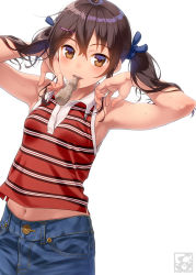 Rule 34 | 1girl, aoi sora (pairan), armpits, arms up, bare shoulders, blush, brown eyes, brown hair, hair ornament, hair ribbon, hairclip, highres, long hair, looking at viewer, low twintails, midriff, navel, original, pairan, ribbon, simple background, solo, sweat, twintails, white background