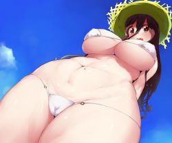 Rule 34 | 1girl, belly, bikini, blue sky, blush, breasts, brown eyes, brown hair, cameltoe, curvy, day, covered erect nipples, from below, hat, large breasts, long hair, looking at viewer, looking down, mole, mole on body, navel, o-ring, o-ring bikini, open mouth, original, sky, solo, straw hat, swimsuit, thick thighs, thighs, underboob, wavy mouth, white bikini, wide hips