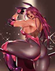 Rule 34 | 1girl, animal ears, ass, bare shoulders, boots, bowalia, breasts, fingerless gloves, from behind, gloves, large breasts, leotard, long hair, looking at viewer, open mouth, original, pink hair, rabbit ears, red eyes, shiny clothes, shiny skin, sideboob, smile, solo, wrestling outfit
