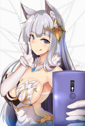 Rule 34 | 10s, 1girl, 2017, :q, alternate eye color, animal ears, arched back, artist name, bare shoulders, blunt bangs, blush, breasts, cellphone, dated, dress, elbow gloves, erune, gloves, granblue fantasy, hair ornament, highres, holding, holding phone, huge breasts, korwa, long hair, looking at viewer, myumi, phone, purple eyes, selfie, signature, silver hair, smartphone, smile, solo, tongue, tongue out, v, white gloves