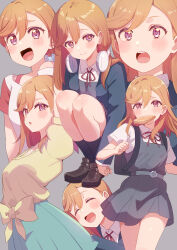 Rule 34 | 1girl, absurdres, birthday, blush, bread, bread slice, breasts, closed eyes, commentary, cream (nipakupa), food, food in mouth, grey background, headphones, headphones around neck, highres, late for school, long hair, love live!, love live! superstar!!, low ponytail, mouth hold, multiple views, orange hair, purple eyes, school uniform, shibuya kanon, small breasts, toast, toast in mouth, upper body, yuigaoka school uniform