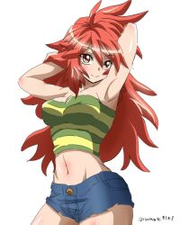Rule 34 | 1girl, amou kanade, armpits, arms behind head, arms up, blue shorts, blush, breasts, cowboy shot, green shirt, hand in own hair, highres, long hair, looking at viewer, medium breasts, midriff, namrute0303, orange eyes, red eyes, senki zesshou symphogear, shiny skin, shirt, shorts, signature, simple background, smile, solo, strapless, striped clothes, striped shirt, tube top, white background