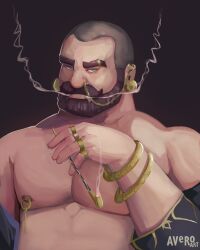 Rule 34 | 1boy, avero art, bara, bare pectorals, bare shoulders, beard, bracelet, brown hair, buzz cut, facial hair, full beard, highres, holding, holding smoking pipe, huge eyebrows, jewelry, large pectorals, limp wrist, linked piercing, looking at viewer, male focus, mature male, mouth trail, muscular, muscular male, mustache, nipple piercing, nipple rings, nipples, nose piercing, off shoulder, original, pectorals, piercing, receding hairline, short hair, smoking, smoking pipe, solo, thick beard, thick mustache, upper body, very short hair