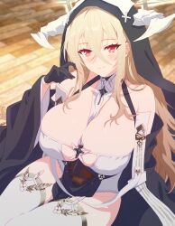 Rule 34 | 1girl, absurdres, arbiter1, azur lane, bare shoulders, black gloves, blonde hair, breast cutout, breasts, cleavage, fake horns, flower, gloves, hair between eyes, half gloves, highres, horns, huge breasts, implacable (azur lane), indoors, long hair, looking at viewer, nun, pelvic curtain, red eyes, revealing clothes, see-through, solo, thighhighs, veil, white flower, white horns, white thighhighs