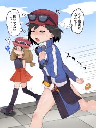 Rule 34 | 1boy, 1girl, :o, ^^^, bag, black-framed eyewear, black thighhighs, blue jacket, blush, bottomless, bracelet, calem (pokemon), closed eyes, cloud, collared shirt, commentary request, creatures (company), day, eyewear on headwear, game freak, hand up, hat, highres, jacket, jewelry, knees, long hair, low-tied long hair, motion lines, nintendo, open mouth, outdoors, pink headwear, pleated skirt, pokemon, pokemon xy, red headwear, roller skates, running, sana (37pisana), serena (pokemon), shiny skin, shirt, shoulder bag, skates, skirt, sky, sleeveless, sleeveless shirt, sunglasses, sweat, thighhighs, thought bubble, translation request