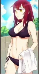 Rule 34 | 1girl, :o, bikini, black bikini, breasts, character request, check character, cleavage, cloud, collarbone, colorized, commentary, cowboy shot, day, english commentary, gamou maki, gazing eye, highres, holding, ijiranaide nagatoro-san, long hair, navel, outdoors, red hair, sidelocks, sky, solo, standing, swimsuit, wall, yellow eyes