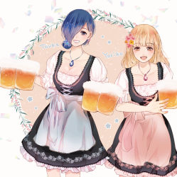 Rule 34 | 2girls, :d, absurdres, alternate hairstyle, apron, bad id, bad pixiv id, beer mug, black dress, blue eyes, blue flower, bow, breasts, brown background, brown eyes, cleavage, collarbone, commentary request, cup, dirndl, dress, floral print, flower, frilled dress, frills, german clothes, grey apron, grin, hair bun, hair flower, hair ornament, hair over one eye, highres, jewelry, kirishima touka, kosaka yoriko, large breasts, long hair, looking at viewer, mug, multiple girls, necklace, open mouth, orange flower, puffy short sleeves, puffy sleeves, short hair, short sleeves, single hair bun, smile, tokyo ghoul, toukaairab, white background, yellow flower