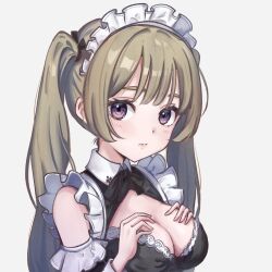 Rule 34 | 1girl, breasts, cleavage, cleavage cutout, closed mouth, clothing cutout, collar, collared dress, detached sleeves, dress, expressionless, eyelashes, frilled sleeves, frills, grey background, hands on own chest, hands up, highres, light blush, light brown hair, long hair, looking at viewer, maid, maid headdress, medium breasts, original, purple eyes, simple background, sleeveless, sleeveless dress, solo, twintails, white collar, yuri yone