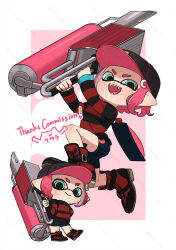 Rule 34 | 1girl, aqua eyes, baseball cap, bike shorts, black footwear, black hat, border, chibi, chibi inset, closed mouth, commentary request, commission, coula cat, eyebrow cut, flingza roller (splatoon), hat, high tops, holding, holding weapon, ink tank (splatoon), inkling, inkling girl, inkling player character, medium hair, multiple views, nintendo, open mouth, outside border, pointy ears, red background, red footwear, red hair, shoes, smile, sneakers, splatoon (series), splatoon 3, teeth, tentacle hair, thank you, two-tone footwear, weapon, white border