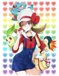 Rule 34 | 00s, 1girl, :d, ;), bag, blush, bow, breasts, brown eyes, brown hair, buttons, cabbie hat, chikorita, closed eyes, collared shirt, contrapposto, cowboy shot, creatures (company), cyndaquil, fire, flipped hair, futou ryouko, game freak, gen 2 pokemon, gradient background, halftone, halftone background, hand on own hip, hat, hat bow, hat ribbon, heart, heart background, holding, holding poke ball, holding up, leaf, light smile, long sleeves, lyra (pokemon), nintendo, one eye closed, open mouth, overalls, poke ball, poke ball (basic), pokedex, pokemon, pokemon (creature), pokemon hgss, pom pom (clothes), red bow, red eyes, red ribbon, ribbon, sharp teeth, shirt, short twintails, small breasts, smile, standing, starter pokemon trio, sweatdrop, teeth, thighhighs, totodile, twintails, wink