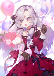 1girl absurdres argyle_clothes balloon bare_shoulders black_gloves black_headband black_ribbon bouquet breasts chest_tattoo choker claw_ring dress drill_hair flower furumachi_(_trisannkaku) gloves hair_ribbon half_gloves headband highres holding holding_balloon holding_bouquet hyakumantenbara_salome hyakumantenbara_salome_(1st_costume) jewelry juliet_sleeves long_hair long_sleeves looking_at_viewer medium_breasts nijisanji open_mouth pink_flower puffy_sleeves purple_eyes purple_hair purple_ribbon red_dress ribbon ring skirt solo tattoo virtual_youtuber white_flower