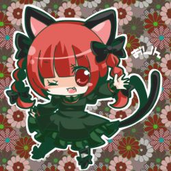 Rule 34 | 1girl, animal ears, bad id, bad pixiv id, braid, cat ears, cat girl, cat tail, chibi, fang, female focus, flower, full body, kaenbyou rin, lowres, nasa yu, plant, red eyes, red hair, solo, standing, tail, touhou, twin braids, wink, yomﾑ・bad id