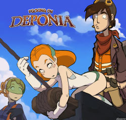 Rule 34 | all fours, blush stickers, boots, deponia, gloves, goal (deponia), goodbye deponia, headband, highres, orange hair, rufus (deponia), toni (deponia)