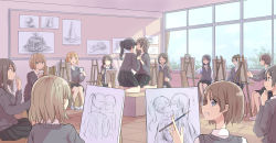 Rule 34 | 6+girls, absurdres, art room, betock, black hair, black skirt, black vest, blue eyes, brown hair, canvas (object), cardigan, classroom, closed eyes, collared shirt, easel, exhibitionism, green eyes, grey cardigan, highres, himejoshi, holding, holding hands, holding pencil, indoors, interlocked fingers, kiss, long hair, long sleeves, looking at viewer, modeling, multiple girls, open mouth, original, pencil, pleated skirt, ponytail, public indecency, school uniform, shirt, short hair, sitting, sketching, skirt, smile, sweater vest, vest, white shirt, yuri
