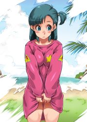 Rule 34 | 1girl, :&lt;, arms at sides, blue eyes, blush, breasts, breasts squeezed together, bulma, closed mouth, cloud, day, dragon ball, dragon ball (classic), dress, dress tug, embarrassed, feet out of frame, female focus, gluteal fold, grass, green hair, highres, legs, long dress, long hair, looking to the side, medium breasts, ocean, outdoors, palm tree, pink dress, sakuradou, side ponytail, sky, solo, standing, thighs, tree, water