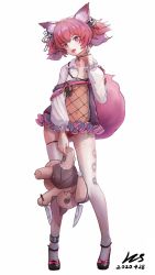 Rule 34 | 1girl, absurdres, animal ear fluff, animal ears, arknights, fox ears, fox girl, fox tail, glaring, highres, holding, holding stuffed toy, id card, knife, lanyard, laozhanshi, leggings, md5 mismatch, pink eyes, pink hair, purple vest, resolution mismatch, shamare (arknights), short hair, solo, source larger, stuffed animal, stuffed toy, stuffed wolf, tail, thighhighs, vest