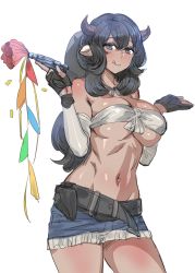 Rule 34 | 1girl, :q, animal ears, bandeau, belt, black belt, black gloves, black hair, blue eyes, blue shorts, blush, bow (bhp), breasts, confetti, cow ears, cow horns, cowboy shot, dark skin, dark-skinned female, gloves, holding, holding toy, horns, large breasts, long hair, looking at viewer, navel, original, partially fingerless gloves, ponytail, short shorts, shorts, shrug (clothing), simple background, smile, solo, standing, strapless, tongue, tongue out, toy, toy gun, tube top, white background
