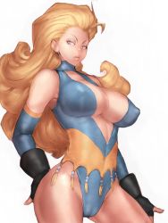 Rule 34 | 1girl, ahoge, amazon warrior, armpits, bare shoulders, beads, big hair, black gloves, blonde hair, blue eyes, breasts, cameltoe, center opening, cleavage, cleavage cutout, closed mouth, clothing cutout, covered erect nipples, cowboy shot, curly hair, detached sleeves, earrings, eyeshadow, fingerless gloves, fumio (rsqkr), gloves, groin, halterneck, hand on own ass, highleg, highleg leotard, jewelry, large breasts, legs apart, leotard, lips, lipstick, long hair, looking at viewer, makeup, mary ivonskaya, no bra, pink lips, simple background, solo, square enix, standing, stud earrings, tassel, tobal, tobal no. 1, turtleneck, white background