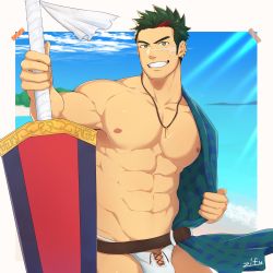 Rule 34 | 1boy, abs, alternate costume, bara, bare pectorals, beach, biceps, bulge, cowboy shot, cross-laced clothes, cross-laced one-piece swimsuit, cross-laced slit, dark-skinned male, dark skin, facial scar, green hair, grin, highres, holding, holding umbrella, japanese clothes, jewelry, kimono, large pectorals, long sideburns, male focus, male pubic hair, male swimwear, mature male, multicolored hair, muscular, muscular male, navel, necklace, nipples, original, pectorals, penis, penis peek, pubic hair, red hair, scar, scar on cheek, scar on face, short hair, short kimono, sideburns, single bare shoulder, smile, solo, stomach, streaked hair, swim briefs, swimsuit, umbrella, undressing, white male swimwear, white swim briefs, zifu