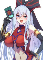 Rule 34 | 1girl, alternate breast size, bare shoulders, blue eyes, breasts, card, clothing cutout, dress, duel monster, elbow gloves, gloves, grey hair, hand on own hip, headdress, highres, holding, holding card, large breasts, long hair, megamorph, mosui (kori can), open mouth, pointy ears, ruin queen of oblivion, solo, stomach cutout, very long hair, yu-gi-oh!