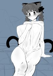 Rule 34 | 1girl, :/, animal ears, arm support, blush, bow, braid, breasts, cat ears, cat tail, extra ears, feet out of frame, hair bow, kaenbyou rin, large breasts, leaning to the side, looking at viewer, mizuga, monochrome, multiple tails, naked towel, nekomata, pointy ears, sitting, soaking feet, solo, tail, touhou, towel, twin braids, two tails, wet
