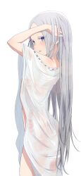 Rule 34 | 1girl, absurdres, arm up, blue eyes, blue ribbon, camui1104, colored eyelashes, commentary request, dress, eyelashes, from side, grey hair, hair ribbon, hand in own hair, highres, long hair, looking at viewer, no panties, off shoulder, pandora (re:zero), parted bangs, parted lips, re:zero kara hajimeru isekai seikatsu, ribbon, see-through, see-through dress, simple background, solo, very long hair, wet, wet clothes, white background, white dress