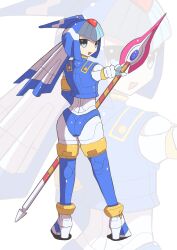 Rule 34 | 1girl, android, ass, blue eyes, boots, celiilca, full body, helmet, highres, holding, holding polearm, holding weapon, fairy leviathan (mega man), looking to the side, mega man (series), mega man x (series), mega man x dive, mega man zero (series), open mouth, pointing, pointing at viewer, polearm, robot, robot girl, simple background, smile, solo, spear, thigh boots, thighhighs, weapon, white background, zoom layer