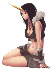 Rule 34 | 1girl, arm support, bare shoulders, bikini, bikini top only, black bikini, black hair, black vest, breasts, cleavage, collarbone, full body, fur trim, horns, jewelry, long hair, looking away, medium breasts, navel, necklace, oopartz yang, open clothes, open vest, original, parted lips, red eyes, short shorts, shorts, single horn, sitting, solo, stomach, swimsuit, vambraces, vest, yokozuwari