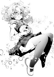 Rule 34 | 1girl, bow, fifiruu, full body, glasses, greyscale, high collar, holding, low twintails, monochrome, open mouth, petals, plaid, plaid skirt, plaid vest, school uniform, semi-rimless eyewear, short hair, simple background, skirt, skull, solo, twintails, usami sumireko, vest, white background