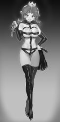 Rule 34 | 1girl, absurdres, areola slip, bad deviantart id, bad id, bare shoulders, bdsm, blush, bondage outfit, breasts, chastity belt, collar, collarbone, crossed legs, crown, detached sleeves, dominatrix, earrings, english text, eyelashes, flipped hair, flower earrings, full body, greyscale, half-closed eyes, hand on own hip, hand up, harness, highres, holding, jewelry, large breasts, lock, looking at viewer, lumpychan, mario (series), medium hair, monochrome, nintendo, o-ring, parted bangs, parted lips, princess daisy, ribbon, riding crop, solo, standing, super mario land, teeth, thigh gap, thighhighs, upper teeth only