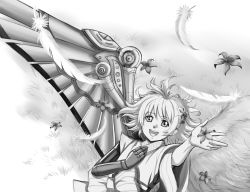 Rule 34 | 1girl, ahoge, angel, angel wings, asymmetrical wings, borrowed character, bow, cassie (acerailgun), cyborg, feathers, flower, from above, grass, greyscale, hair flower, hair ornament, hand on own chest, happy, holding, holding flower, jastersin21, lying, mechanical arms, mechanical wings, monochrome, original, single mechanical arm, sketch, solo, wings
