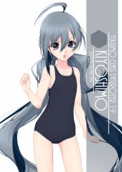 Rule 34 | 1girl, :o, ahoge, alternate costume, artist name, black one-piece swimsuit, character name, collarbone, commentary request, cowboy shot, eyes visible through hair, flat chest, grey eyes, grey hair, hair between eyes, hair bun, highres, inaba shiki, kantai collection, kiyoshimo (kancolle), long hair, looking at viewer, low twintails, new school swimsuit, one-piece swimsuit, parted bangs, school swimsuit, scowl, simple background, single hair bun, solo, standing, swimsuit, twintails, very long hair, wavy hair, white background