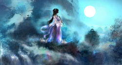 Rule 34 | 00, 1girl, black hair, blurry, branch, rabbit, chinese clothes, dark, flute, fog, full moon, highres, holding, instrument, long hair, looking afar, looking away, moon, mountain, night, original, sky, solo, tree