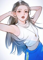 Rule 34 | 1girl, animification, armpits, arms behind head, blue pants, blush, brown eyes, brown hair, bu xiaoxin kou diao, flat chest, haerin (newjeans), hair behind ear, highres, jewelry, k-pop, leaning back, long hair, looking at viewer, navel, necklace, newjeans, open mouth, pants, real life, red lips, shirt, sleeveless, sleeveless shirt, solo, sweatpants, very long hair, white shirt