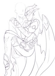 Rule 34 | 1boy, 1girl, anonymous (4chan), armor, bald, bat wings, blush, boots, breasts, carrying, demon girl, demon tail, druella, earrings, faceless, faceless male, greyscale, head on another&#039;s shoulder, heart, horns, jewelry, large breasts, less, lilim (monster girl encyclopedia), long hair, monochrome, monster girl encyclopedia, monster girl encyclopedia world guide i: fallen maidens, pointy ears, princess carry, simple background, smile, tail, tattoo, thigh boots, thighhighs, white background, wings