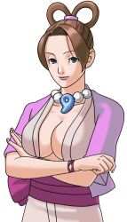 1girl ace_attorney aged_up arms_under_breasts bad_tag bead_necklace beads bracelet breasts brown_hair capcom cleavage crossed_arms female formal_clothes grey_eyes hair_rings half_updo japanese_clothes jewelry kimono large_breasts light_smile lipstick looking_at_viewer magatama magatama_necklace makeup mature_female mia_fey mole mole_under_mouth necklace open_clothes pearl_fey possessed possession robe short_hair short_kimono smile solo third-party_edit traditional_clothes transparent_background upper_body wide_sleeves