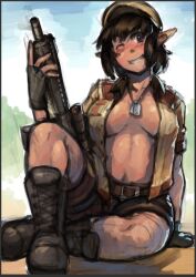 Rule 34 | 1girl, belt, black eyes, blush, boots, breasts, breasts apart, brown belt, brown footwear, brown hair, brown shirt, brown shorts, commentary, dog tags, english commentary, full body, grin, gun, highres, holding, holding gun, holding weapon, jewelry, looking at viewer, medium bangs, medium breasts, navel, necklace, one eye closed, open clothes, open shirt, original, pointy ears, puchirisu, rifle, shirt, short hair, shorts, sitting, smile, solo, weapon