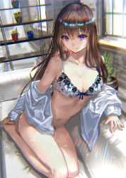 Rule 34 | 1girl, bad hands, bare shoulders, bra, breasts, brown hair, cleavage, closed mouth, collarbone, couch, highres, indoors, large breasts, lingerie, long hair, long sleeves, looking at viewer, navel, off shoulder, on couch, open clothes, open shirt, original, panties, plant, potted plant, purple eyes, ran&#039;ou (tamago no kimi), shirt, sitting, smile, solo, stomach, thighs, underwear, white bra, white panties, white shirt, window