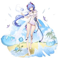 Rule 34 | 1girl, absurdres, ahoge, bare legs, bare shoulders, bell, blue flower, blue hair, bug, butterfly, chinese knot, closed mouth, cowbell, crossed bangs, dress, flower, full body, ganyu (genshin impact), genshin impact, goat horns, hair between eyes, highres, horns, ice crystal, idasu (hyun9164), insect, legs, long hair, looking at viewer, low ponytail, neck bell, orb, palm tree, pelvic curtain, platform footwear, puffy short sleeves, puffy sleeves, purple eyes, short dress, short sleeves, slime (genshin impact), smile, socks, solo, standing, standing on one leg, tassel, thigh strap, tree, vision (genshin impact), white background, white dress, white footwear, white socks
