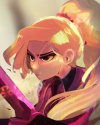 Rule 34 | 1girl, amphibia, armor, bleeding, blonde hair, blood, blood on face, breastplate, clenched teeth, frown, highres, holding, holding sword, holding weapon, hurt, ponytail, reflection, robot, sasha waybright, scar, sheep8465, solo, sword, teeth, weapon